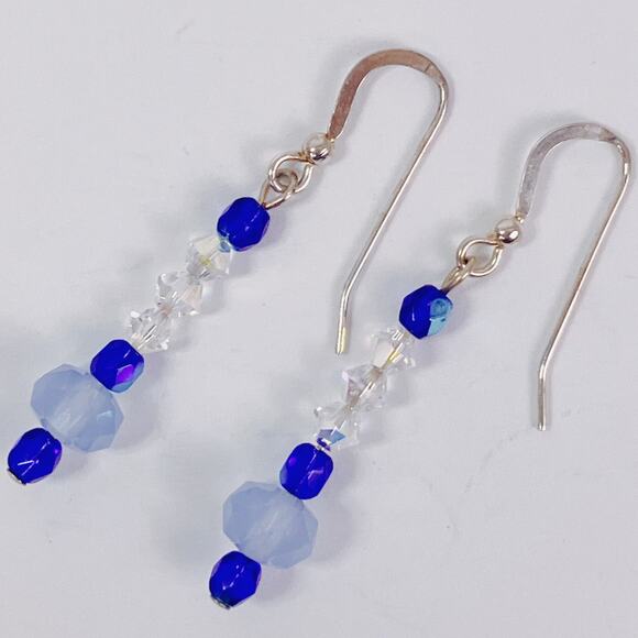 Vintage Artisan Sterling Silver Swarovski Blue Crystal Dangle Earrings Handmade - Picture 8 of 10